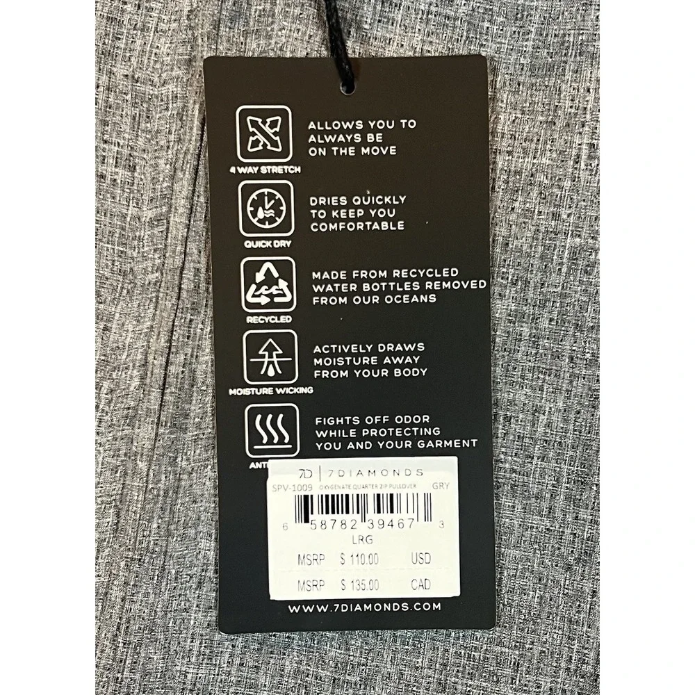 7 Diamonds Oxygenate 1/4 Zip Pullover Lightweight Quick Dry Stretch Grey Size L